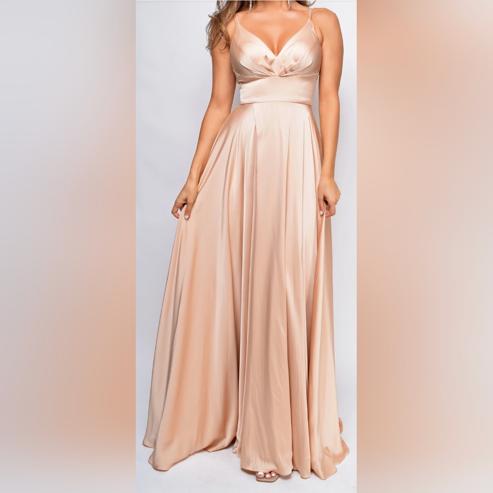 Emprada Oliana Nude Beige Satin Slit Gown